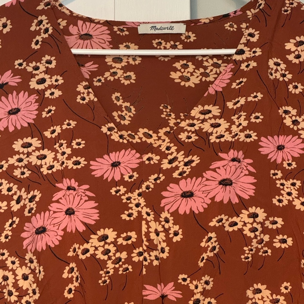 Madewell Daisy Print Tie-Front V-Neck Blouse Brown Pink Floral Medium - Picture 7 of 9